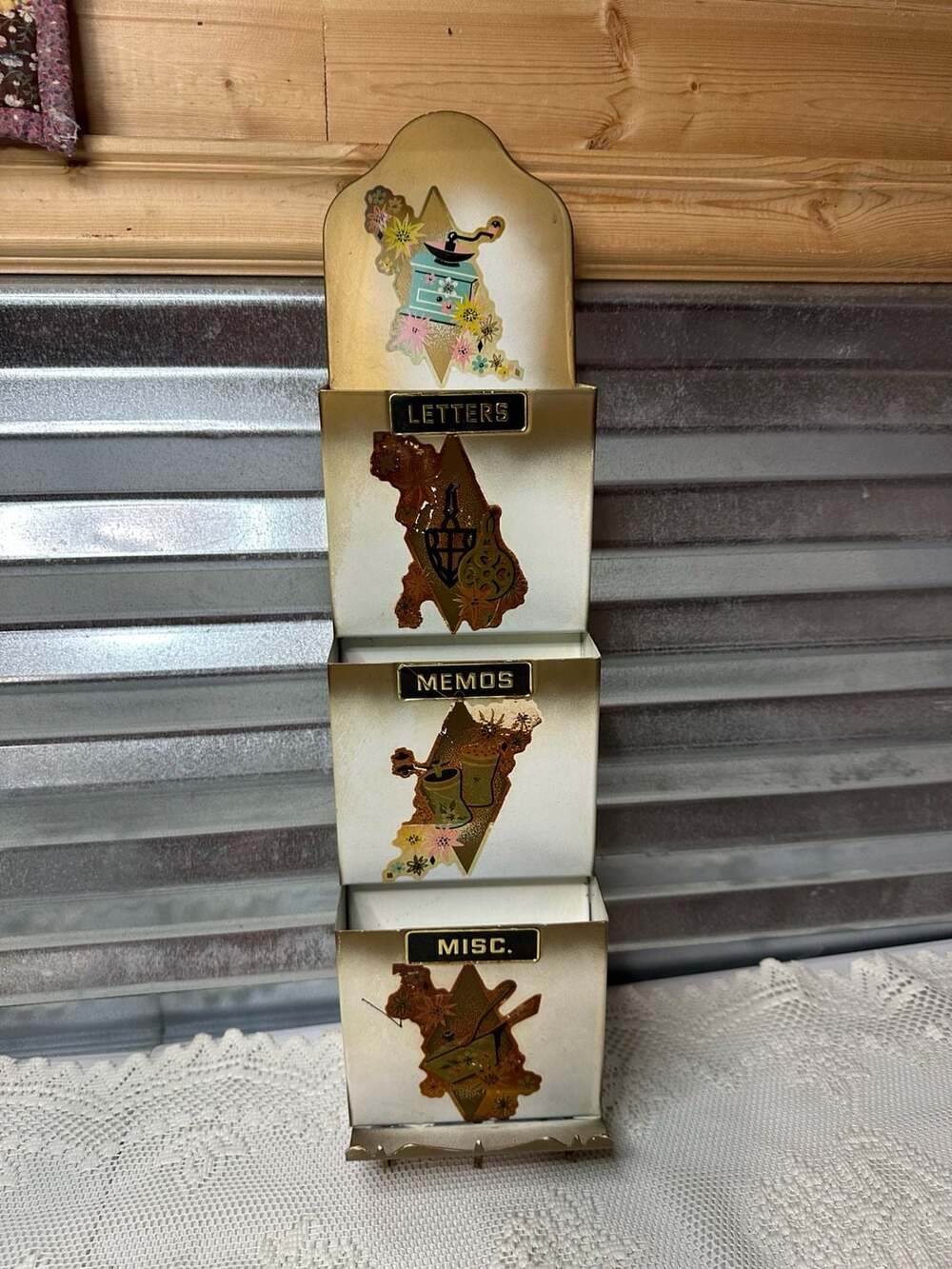 Vintage Metal Wall Mail Holder: 3-Slot Letter, Memo, Misc Organizer